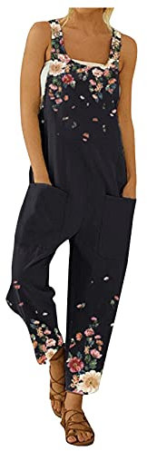 DeaAmyGline Jumpsuit Damen Sommer, Latzhose Damen Arbeitshose Knöpfen Träger Overalls Elegant mit Blumen Muster Baggy Taschen Lässig Trägerhose Strampler Playsuit Einteiliger Hose Jumpsuits