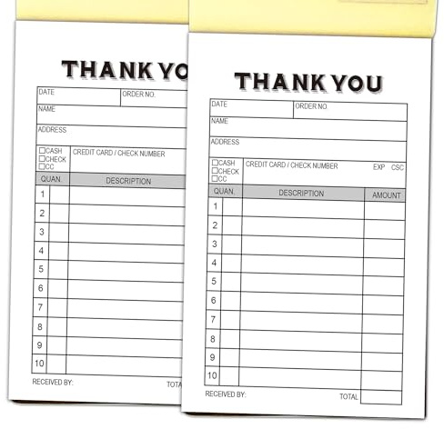 Paquete de 2 bloc de recibos de agradecimiento, formulario de recibo de ventas, libro de pedidos, folleto de facturas para pequeñas empresas de boutique, de mano de 3.4 x 5.5 pulgadas, 100 juegos sin
