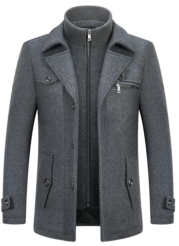KUDORO Men's Wool Blend Winter Coat with Detachable Collar Padded Jacket | Mid-Length Overcoat with Multi Pockets Warm Casual Outerwear for Daily Outdoor Dual-Layer Mock Neck Outerwear