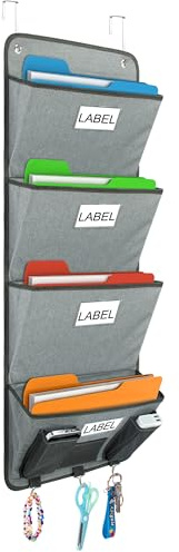 Jeesblsy Hängeorganizer Büro Ordner für Wand mit 4 Großen Taschen, Magazin Zeitungshalter Hängeaufbewahrung Diagramm Cascading Wandorganizer für das Büro,Schule, Zuhause (Grau)