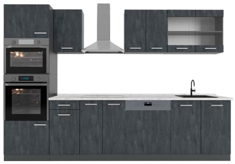 Vicco Küchenzeile R-Line, Schwarz Beton, 300 cm AP Marmor, zur individuellen Kombination und Erweiterung geeignet