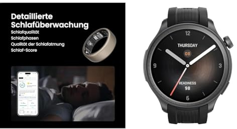 Amazfit Balance Smart Watch, NFC kontaktlose Zahlung, AI Fitness Coach Schlaf & Gesundheit Tracker mit Körperanalyse, GPS, Alexa, Bluetooth Anrufe, AMOLED, 14 Tage Akkulaufzeit & Helio Ring Größe 10