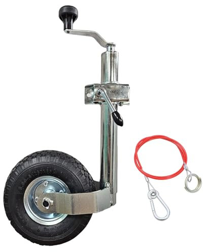 KATSU Tools Jockey Wheel 48mm and Clamp with 10 Pneumatic Rubber Tyre and 1M Stainless Steel Cable Heavy Duty Car Trailer Caravan Galvanized Steel Top Wind Jockey Wheel