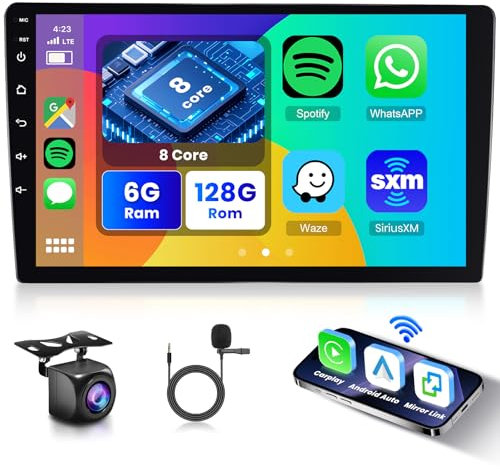 Hodozzy 6G+128GB Android 8-Core Radio 9 Pulgadas Carplay Pantalla Táctil Inalámbrica Android Auto con Navegación GPS, Bluetooth, DSP, Mirror Link, WiFi,USB,FM RDS,Cámara Trasera,Control del Volante