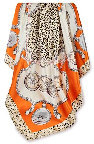 GLORIS Seidenschal Roses Quadrat 90x90cm Damen Elegante Seidentuch Haare Seidentuch Halstuch Satintuch Halstuch Bandana Tuch Kopftücher Damen Ansatz Scarf (Leo Orange)