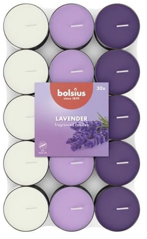 Bolsius - 30 Duft theelichter - Lavendel - Brenndauer von 3,5 Stunden - Durchmesser 38 mm – Natürliche Extrakte – Enthält Veganes Wachs – Ohne Palmöl