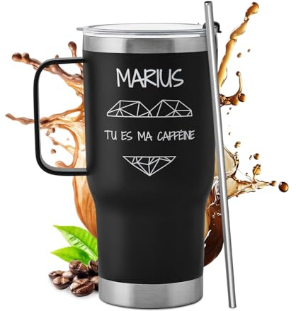 Maverton Mug Isotherme Personnalisé Noir 600 ml en Inox | Avec Paille Brosse de Nettoyage et Boîte, Chaud 6h/Froid 10h, Cadeau Anniversaire Homme Femme Couple, Mariage, Noel