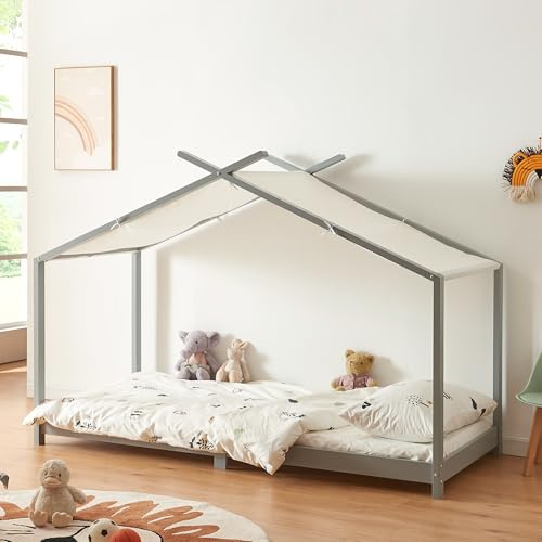 [en.casa] Barnsäng, brome, hussäng, 90 x 200 cm, ungdomssäng, sänghus, leksäng med ribbotten och avtagbart tygtak, Montessori, säng av massiv furu, sängram, trä, grå