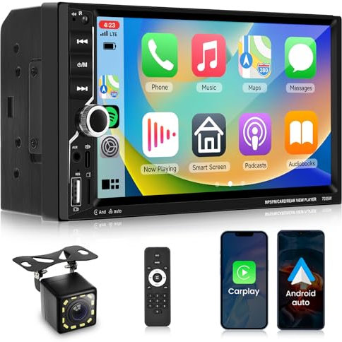 Podofo 2 DIN Autoradio Kabellos Carplay Android Auto, 7-Zoll Touchscreen Radio Bluetooth 5.0 FM Lenkradsteuerung Airplay Rückfahrkamera EQ USB