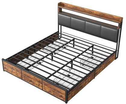 LSFYYDS Doppelbett 140 x 200 cm,Schubladenbett mit LED-Licht und PU-Nachtbett mit Eisenrahmen, Kopfteil mit Stauraum,Stauraumbett,Mattschwarze Tigerhautfarbe