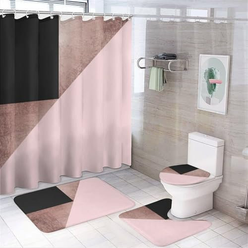 FJQWKLF 4 Pcs Shower Curtain Sets, Modern Rose Gold Black Blush Pink Geometric Bathroom Sets with Shower Curtains, Non-Slip Bath Mat, Toilet Lid Cover and U Shape Mat 72 x 72