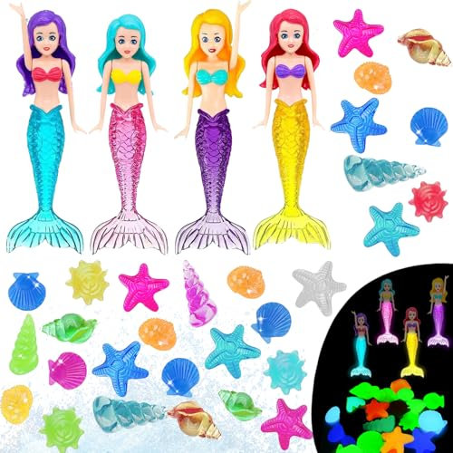 YOUYIKE Tauchjuwel Pool Spielzeug, 45 Stück Nacht Leuchtende Edelsteine, mit 4 Nacht Leuchtende Meerjungfrau, Tauchspielzeug für Kinder, Edelstein Unterwasser für Jungen Mädchen ab 5-12 Jahren