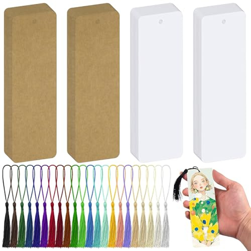 YOUNGSAY 120 Stk Lesezeichen Blanko, 14 x 5cm Blanko Lesezeichen aus Papier mit 120 Bunten Quasten für DIY Lesezeichen, Geschenkanhänger und Basteln Dekorieren (2 Farben)
