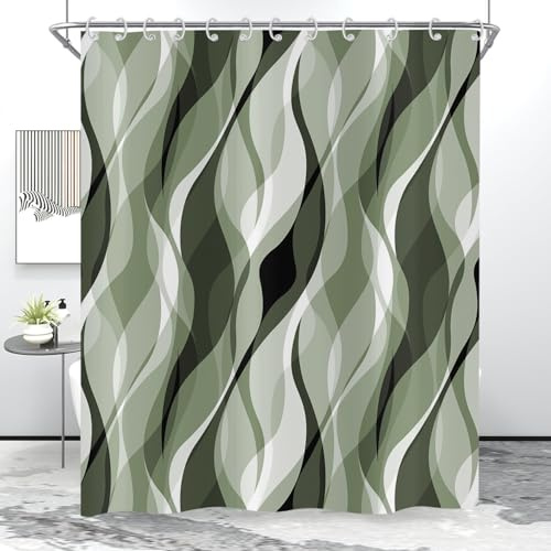 Hnmdmyi Duschvorhang Salbeigrün 200x180, Moderne Abstrakte Ombre Grün und Grau Gestreifte Badewanne Vorhang Wasserdicht Polyester Stoff Waschbar Badevorhang für Badezimmer mit Haken