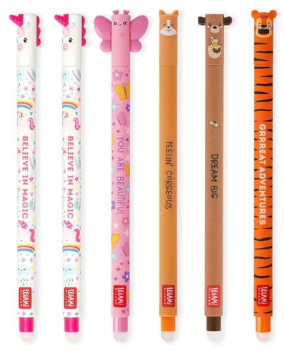 LEGAMI Set mit 6 radierbaren Gelstiften mit thermoempfindlicher Radiertinte, verschiedene Tintenfarben und Schaftdesigns, 0,7 mm Spitze, Einhorn, Schmetterling, Corgi, Teddybär, Tiger-Designs