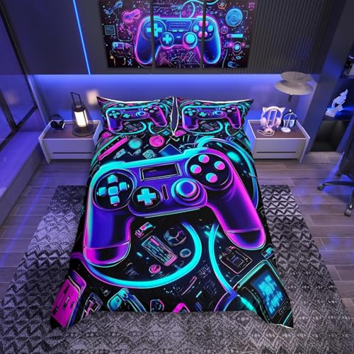 Gamer Bedding Set Neon Gamer Duvet Cover Set for Kids Boys Girls Gaming Double Size 3Pcs Comforter Cover Game Controller Bedspread Bedroom Collection