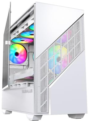 Caja De Computadora De Torre Media M-ATX/ITX, Panel Lateral De Vidrio Templado, Panel Frontal De Rejilla, Soporte Vertical For GPU, Diseño De Túnel De Aire Vertical(White)