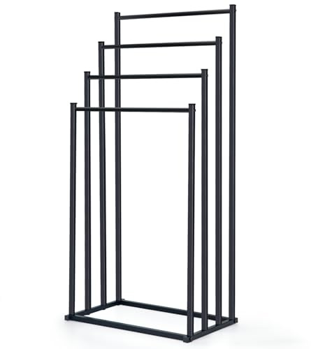 OWLKELA Porte-Serviettes sur Pied 4 Barres – Support Serviettes Autoportant en Métal avec Patins en Feutre Antidérapants, pour Porte-Serviettes Salle de Bain, Chambre, Salon ou Balcon, Noir