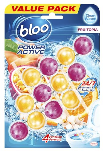 Bloo Power Active Toilet Rim Block Fruitopia (50 g), Clear Water Toilet Rim Block with Fresh Orange & Peach Scent, with Anti-Limescale Formula, Pack of 3 Rim Blocks
