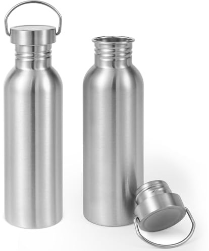 Volhoply 780ml Uninsulated Single Walled Water Bottle 2 Pack, Stainless Steel Reusable Water Bottles with Handle, BPA Free & Plastic Free 18/8 304 Metal Water Bottles for Camping, Hikers, Cyclists