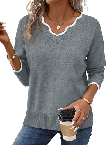 Pullover Sweaters for Women V Neck Cozy Fall Sweaters for Women 2026 Trendy Knit Jumper Winter Sweater Top Grey XL