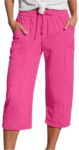 Musselin Hose Damen 3/4 - Leinenhose Damen Sommer Caprihose Sommerhose Leicht Stoffhose High Waist Elastische Kordelzug Baumwolle Leinen Capri Hosen Dreiviertel Freizeithose Strandhose für Frauen