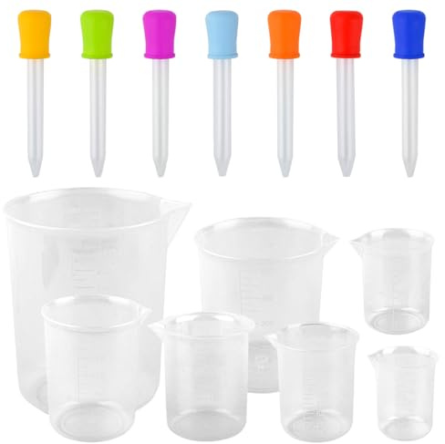 Measuring Cups with Droppers 7 Sets, Measuring Beakers Heat Resistant Cooking Baking Measuring Jugs, Plastic Jug Beakers Labs Graduated Beaker Mixing Measuring Cups Liquid Baking Cooking Measure Tool