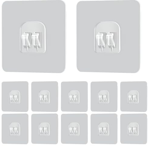 Modurio 12 Stück Selbstklebende Haken, 7x7cm Duschregal Klebehaken - Klebehaken Transparent Ohne Bohren, Ohne Lochung Duschablage Ersatzhaken für Küche, Baden,Wohnzimmer, Toilette, Türwand