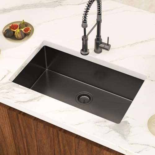 Lepuday 30 Inch Black Undermount Kitchen Sink Single Bowl 18 Guage Stainless Steel 30x18x9 Deep Under Counter Kitchen Sinks Basin R10 Round Corners Handmade Sink