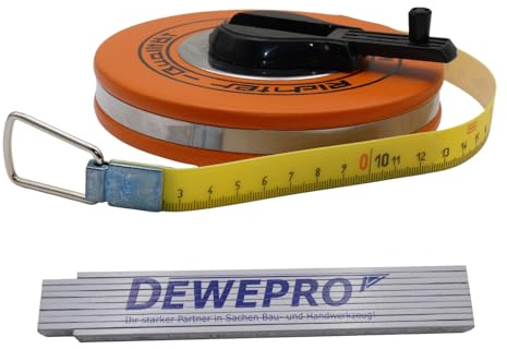 Richter Glasfaserbandmaß 50 m – 16 mm breit – gelbes Gewebeband mit mm-Teilung – in robuster Platalkapsel mit Kunststoffüberzug – Maßanfang B (direkt am Beschlag) inkl. DEWEPRO Zollstock 2 m
