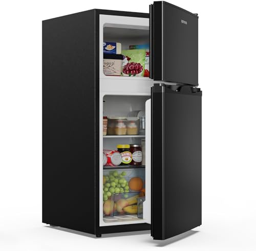 Upstreman 84L Kühl Gefrierkombination, TM84-Schwarz | Kompakt, Kühlschrank mit Gefrierfach oben, 39dB Leise, LED Beleuchtung, 2 Wechselbare Tür, Energieeffizient