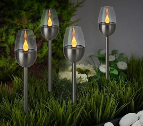 Garden Mile 4 x Flame Effect Solar Torch Lights Outdoor Garden Stake Lights with Flickering LED Flame Effect for Pathway Patio Driveway - Waterproof Solar Garden Lights - Garden Ornaments for Mum