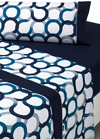 SABANALIA Sábanas Estampadas Aros Cama 200x200 50% Algodón 50% Poliéster | Juego de Sábanas 4 piezas: encimera 300x270, bajera 200x190/200+27, almohada 110x45 (2 uds) cm. Verano. Color Azul.