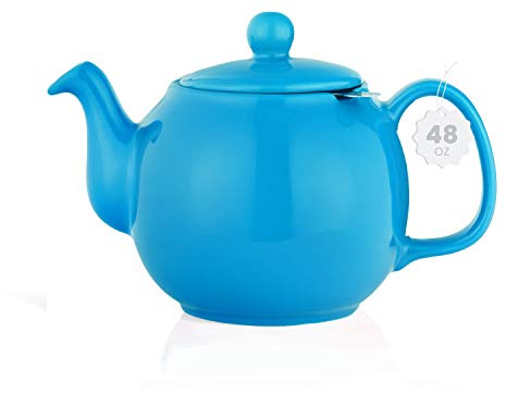 SAKI Large Porcelain Teapot, 48 Ounce Tea Pot with Infuser, Loose Leaf and Blooming Tea Pot - Blue