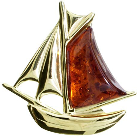 Brosche - Schiff - Silber 925/000, vergoldet mit Bernstein