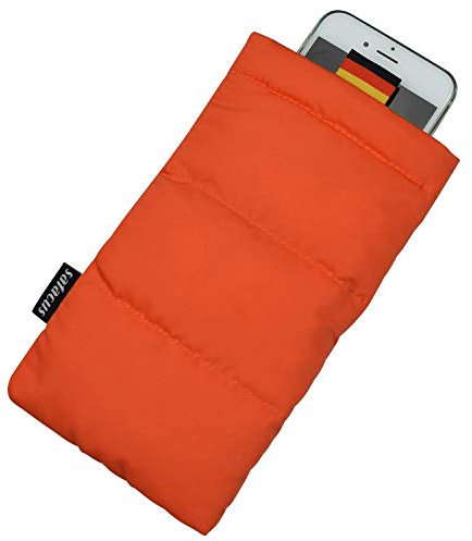 SAFACUS Thermo Handyhülle Tasche Universal Daunen Pouch Handysocke Weihnachten Geschenke für Smartphones Handy Winter Handyhülle für iPhone 16 Plus 17 Pro Max, Samsung Galaxy (Orange)