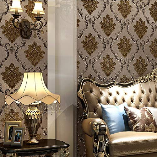 Europäischer Stil PVC-Tapete AB Damast Blume 3D Schnitzerei Handwerk Schlafzimmer Wohnzimmer TV Hintergrund Wand Geschäft Dekoration Bekleidungsgeschäft 1.73'W x 32.8'L Nicht Geklebt(dunkelbraun A)