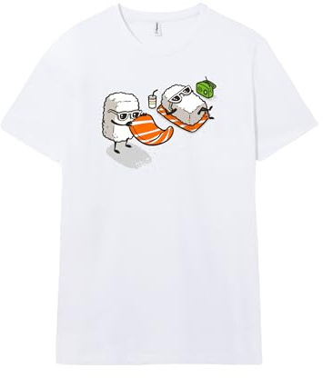 Pampling Camiseta de Manga Corta, 100% Algodón, Ropa Unisex para Hombre y Mujer, Serigrafiada con Cuello Redondo y Corte Recto, Color Blanco (Summer Sushi, M)