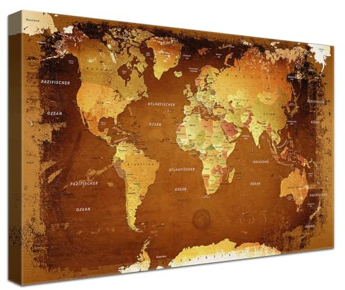 LANA KK - Premium Pinnwand Weltkarte - Braun Colorful - Deutsch - in 100 x 70 cm, stabile Rückwand zum Pinnen inkl. Starterkit - Leinwand-Kunstdruck Wandbild Landkarte XXL