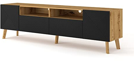 BIM Furniture LUXI Lowboard 195 cm Eiche Artisan, Fronten Schwarz Matt Gefräst MDF, Beine aus Massivholz, Sideboard TV Tisch Kommode