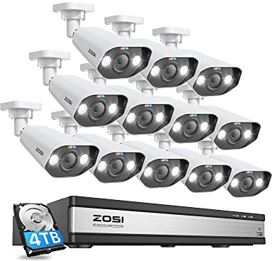 ZOSI 4K Überwachungskamera Aussen Set, 12X 8MP PoE Kamera, 16CH NVR 4TB HDD | KI Personen- und Fahrzeugerkennung, Spotlight/Sirene-Alarm, Farbnachtsicht, 2-Wege-Audio, 24/7 Aufnahme