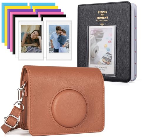 HIYQIN Housse de Protection avec Accessoires Compatible avec Fujifilm Instax Mini Evo, Étui en Cuir pour Instax Mini Evo et Album Photo 64 Pochettes - Marron + Noir