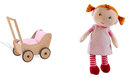 Pinolino Puppenwagen Sarah, aus Holz, mit Bremssystem,für Kinder von 1 – 6 Jahren, Natur & Haba 303730 - Kuschelpuppe Roya, Weiche Stoffpuppe, für Babys ab 1,5 Jahren, aus flauschigem Fleece