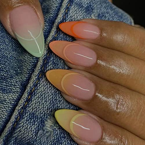 Ceboic 24 Stück Mandel Nägel Zum Aufkleben Mittel, French Colorful Künstliche Nägel, Wiederverwendbare Ballerina Stiletto Falsche Nägel Acryl Fingernägel Fake Nails Kit für Frauen und Mädchen