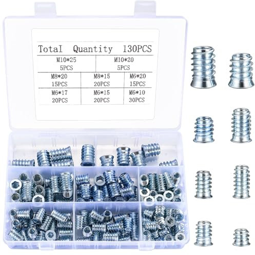 130 Pcs Hex Socket Screw-in Nuts Kit, M6 M8 M10 Threaded Insert Nuts, Furniture Hex Socket Screw Inserts, Assorted Threaded Inserts Assortment Kit for Wood Furniture