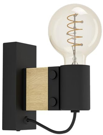 Eglo Bailrigg FSC100HB - Lampada da parete, applique rettangolare per interni, con attacco E27, lampada da corridoio in legno naturale e metallo nero