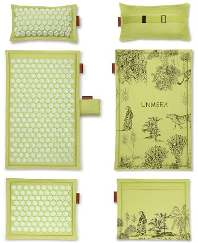 UNMERA Juego de alfombrilla y almohada de acupresión, relleno de lino natural y fibra de coco | Alivio del dolor de espalda/cuello, ciática, dolor de cabeza y relajación muscular, viene con bolsa de transporte