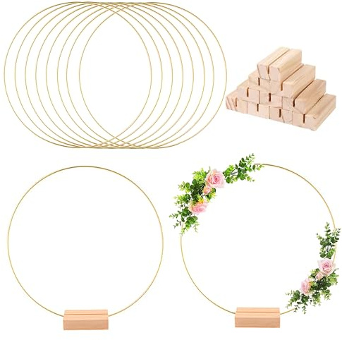 Idota 8pcs Metallringe zum Basteln 30cm, Metallring Gold mit 8 Holzständern | Türkranz Metallring Dekokranz zum Aufhängen für DIY Türkranz Willkommen/Blumenkranz Makramee/Weihnachtskranz
