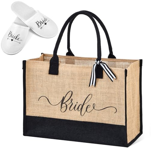 Weewooday Set di 2 Regali per Sposa Borsa Tote in Tela da Sposa Borsa della Spesa Borsa Bride Pantofole Termali Pantofole da Sposa per Matrimonio Addio al Nubilato Donna Regalo Festa (Marrone)