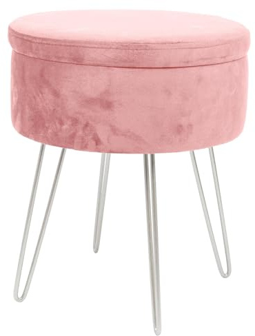 Harbour Housewares 1x Rosa/Silber H45 x D36cm Runden Samt-Fußhocker mit Stauraum - Wohnzimmer Schminktisch Fußbank Ottomane Sitzpuff Stuhl Sitz